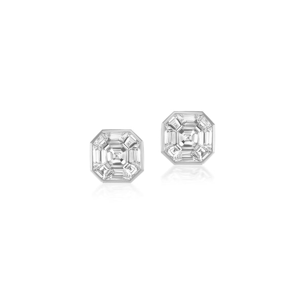 18k white gold illusion diamond asscher cut stud earrings Tiny Gods