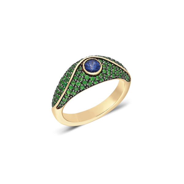 14k yellow gold Acu Mini Pave Pinky Ring with Tsavorites and Blue Sapphire evil eye ring by Ita Tiny Gods