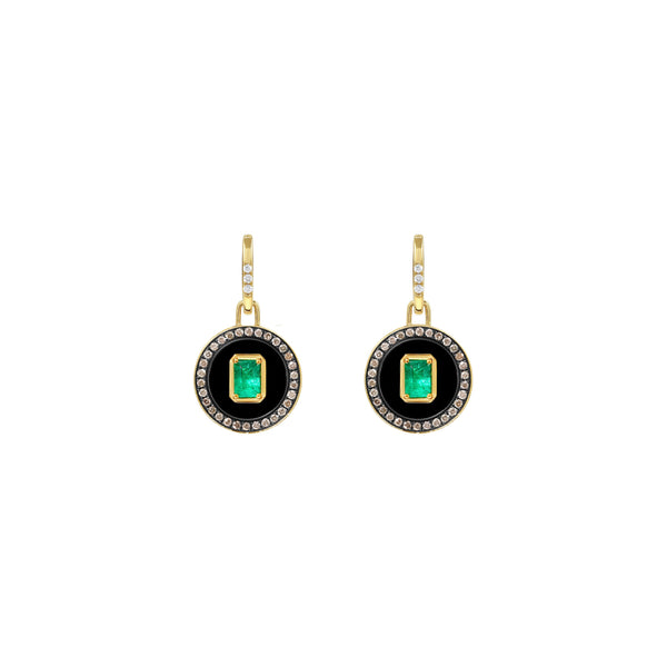 18k yellow gold Aebi Enchantress Pendant drop earrings with emeralds and champagne diamonds by State Property Tiny Gods