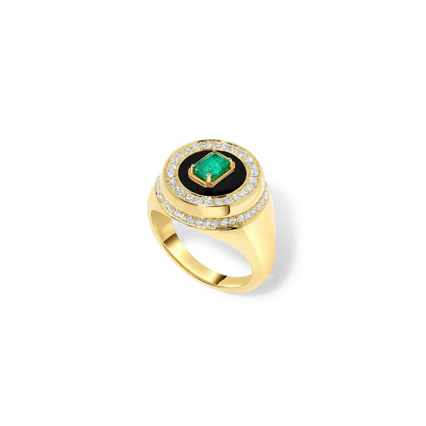 18k yellow gold Aebi Enchantress signet pinky ring with diamonds and emeralds by State property Tiny Gods