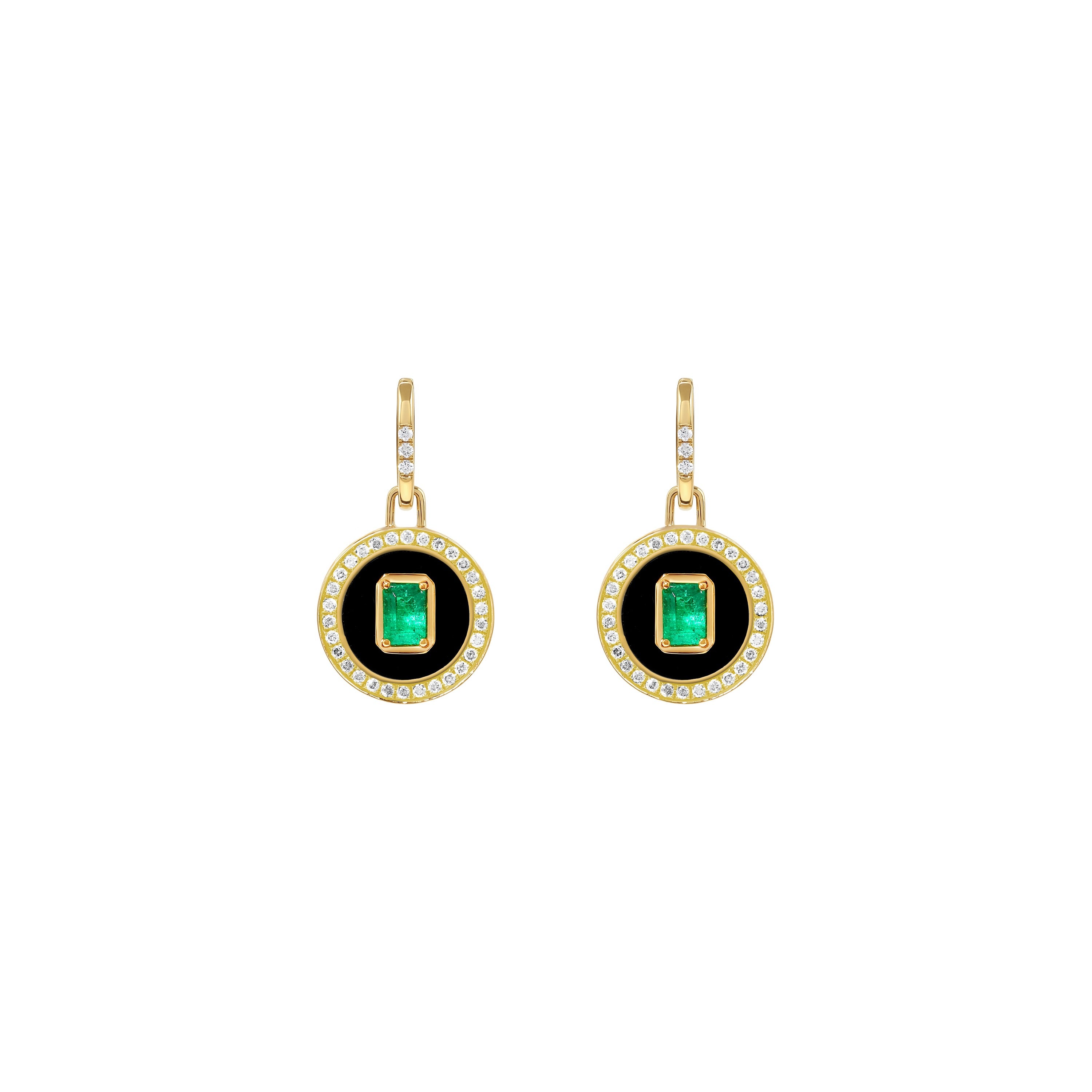 18k yellow gold, onyx emerald and white diamond aebi enchantress pendant drop earrings State property Tiny Gods