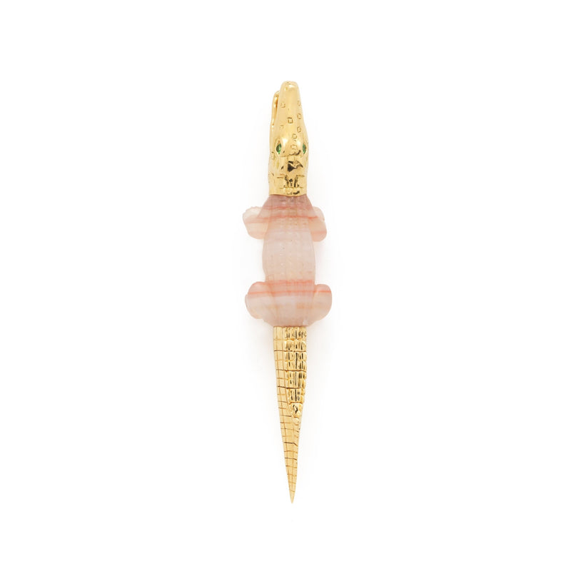 18k yellow gold pink agate alligator bite earring pendant by Bibi Van Der Velden Tiny Gods