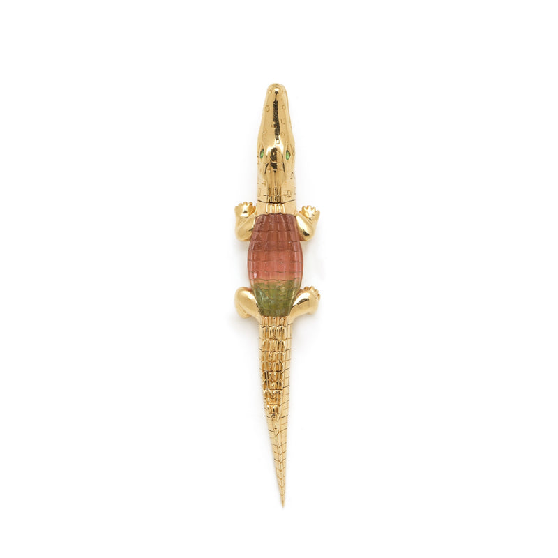 18k yellow gold watermelon tourmaline alligator bite earring pendant by Bibi Van Der Velden Tiny Gods