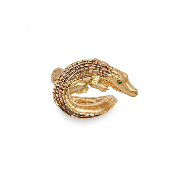 18k yellow gold alligator twist ring with green tsavorite eyes by Bibi can der Velden Tiny Gods