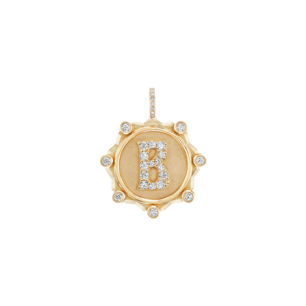 14k yellow gold alphabet initial diamond pave coin charm by Marlo Laz Tiny Gods