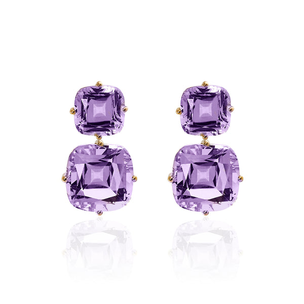 18k yellow gold tiered cushion cut amethyst dangle earrings by Goshwara Tiny Gods