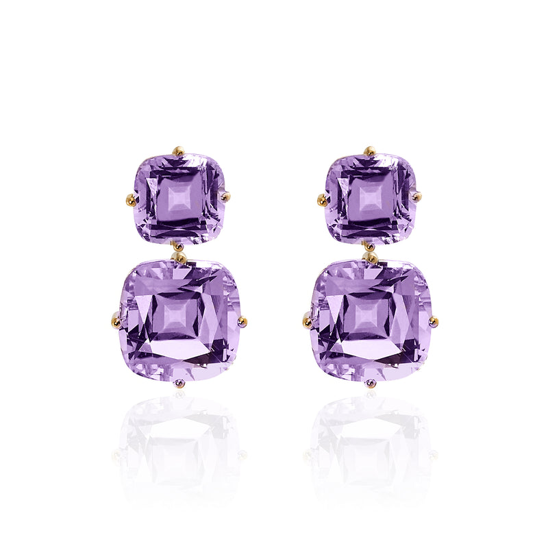 18k yellow gold tiered cushion cut amethyst dangle earrings by Goshwara Tiny Gods