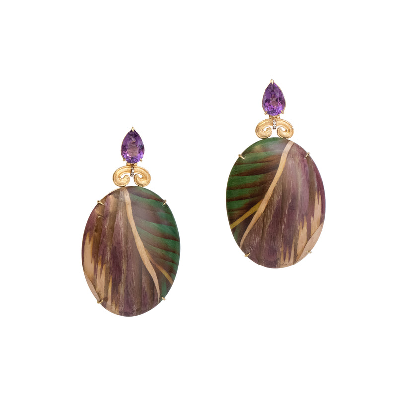 18k yellow gold purple leaf marquetry earrings with amethyst by Silvia Furmanovich Tiny Gods