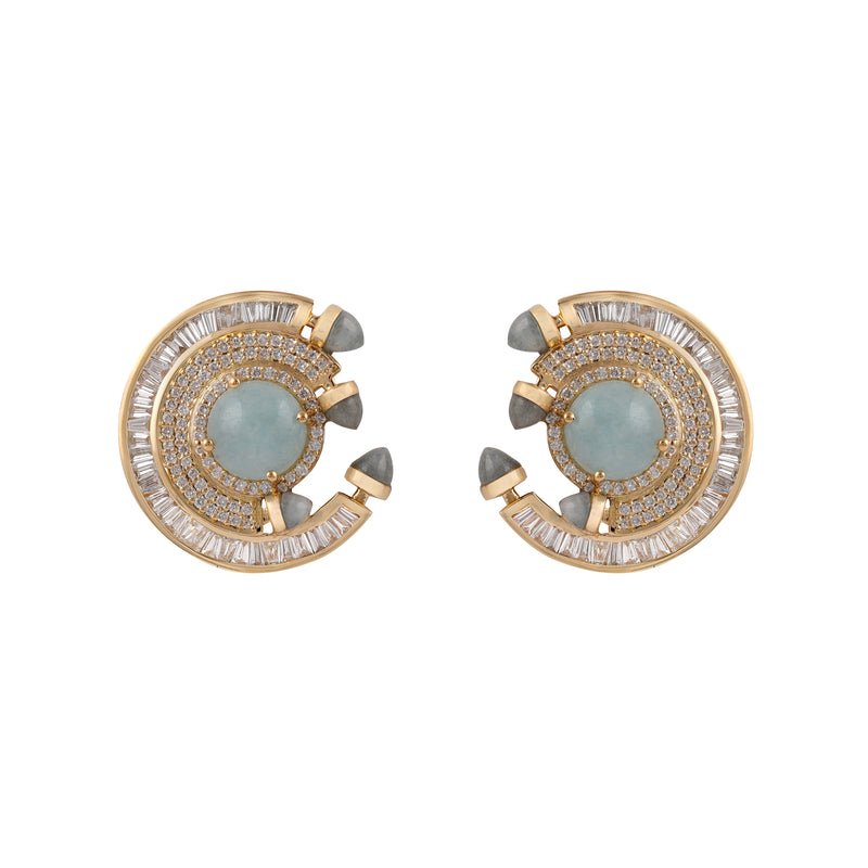 18k yellow gold aquamarine and diamond round chakra earrings by Ananya Tiny Gods