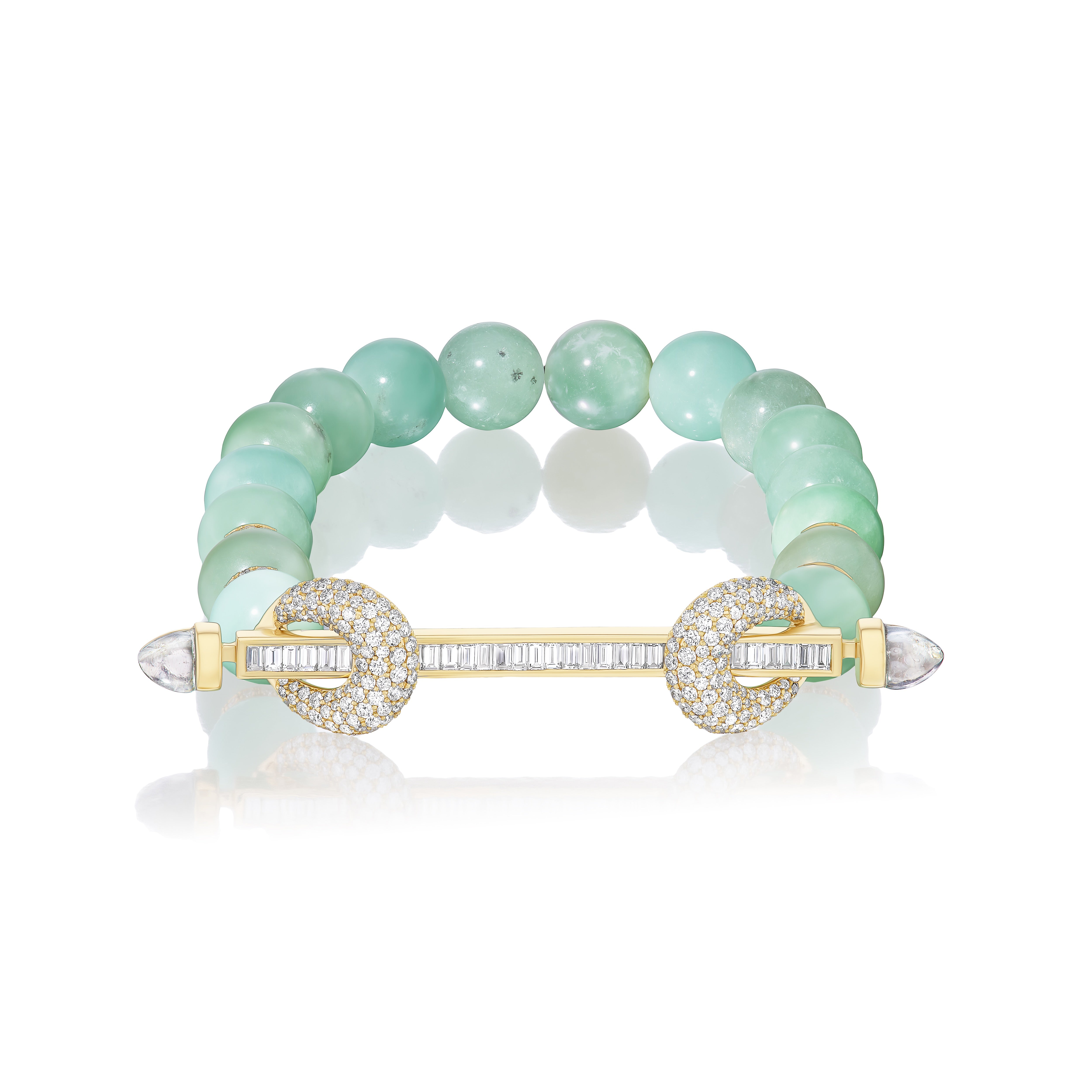 18k yellow gold diamond loop diamond baguette chakra bracelets with Myanmar jade beads by Ananya Tiny Gods 