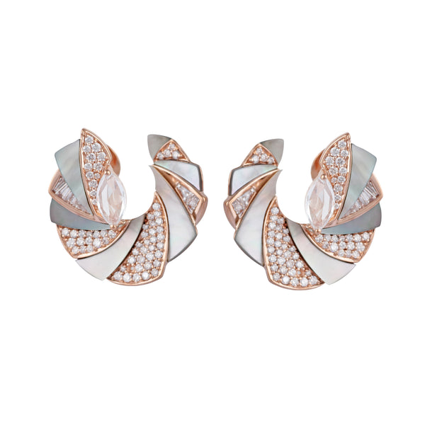 18k rose gold mini mogra c-clip earrings with white diamonds, white sapphire and mother of pearl by Ananya Tiny Gods