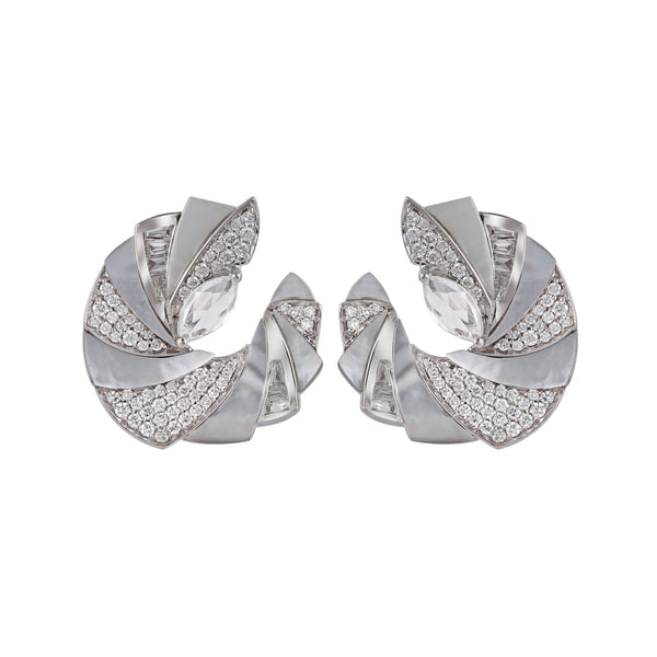 18k white gold mini mogra c-clip earrings with white diamonds white sapphire and mother of pearl by Ananya Tiny Gods