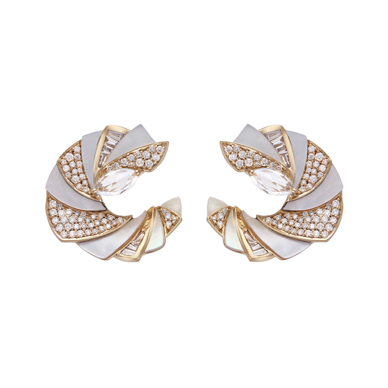 18k yellow gold mini mogra c-clip earrings with white diamonds white sapphire and mother of pearl by Ananya Tiny Gods