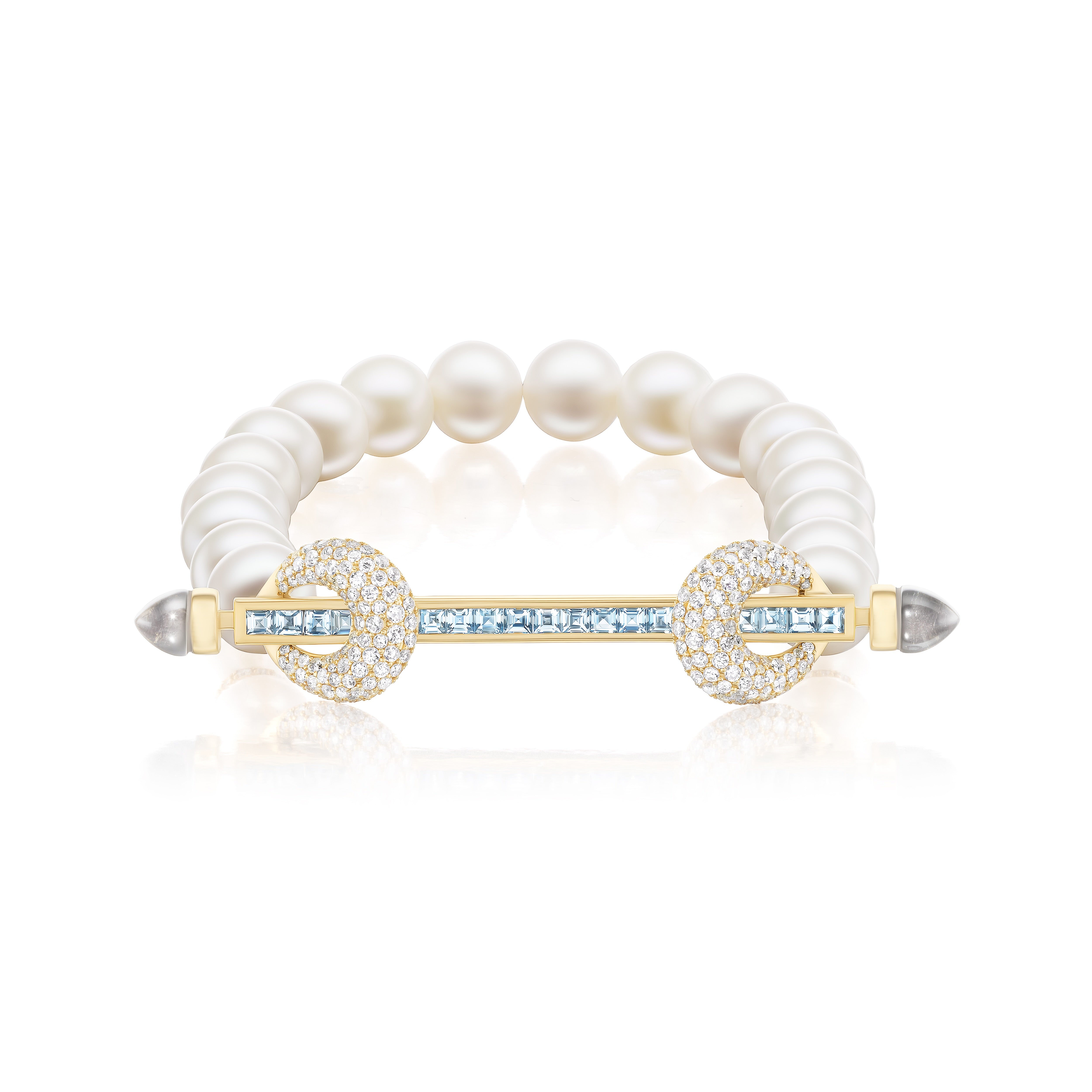 18k yellow gold white pearl beaded chakra bracelet on titanium coil stretch aquamarine bar and diamond loop bracelet by Ananya Tiny Gods 