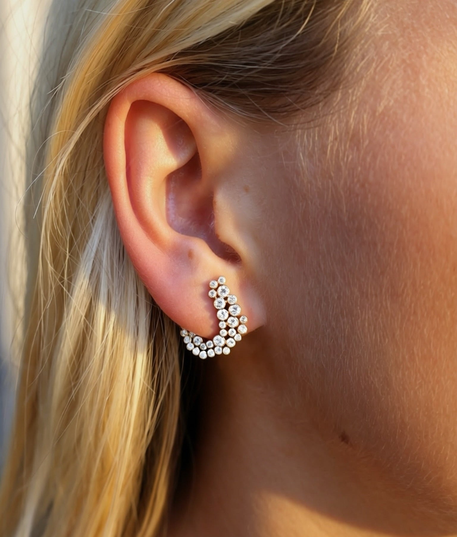  18k yellow gold diamond bezel set scatter huggies by Ananya Tiny Gods 