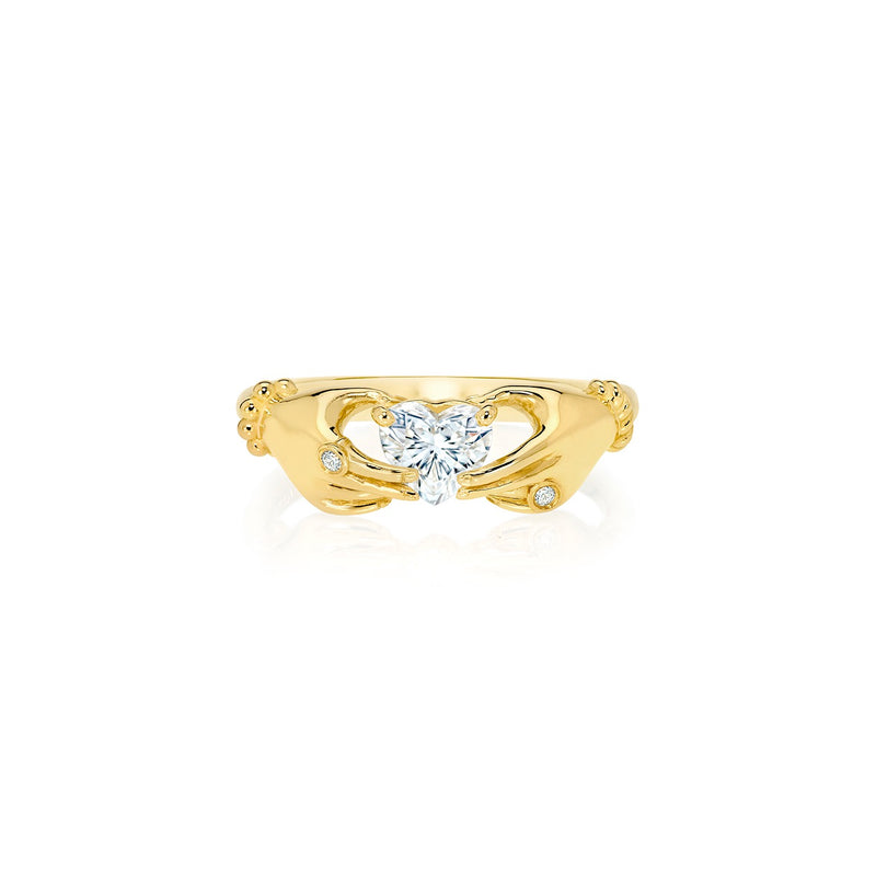 18k yellow gold claddagh heart hand ring by Sauer Tiny Gods
