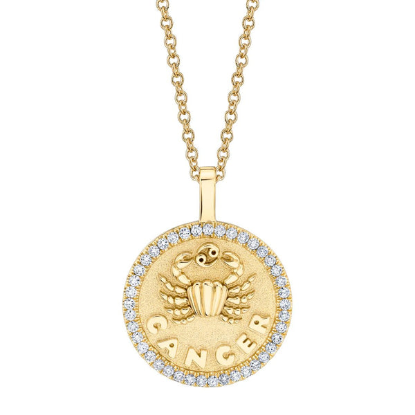 18k yellow gold cancer zodiac coin pendant with diamond frame by Anita Ko Tiny Gods