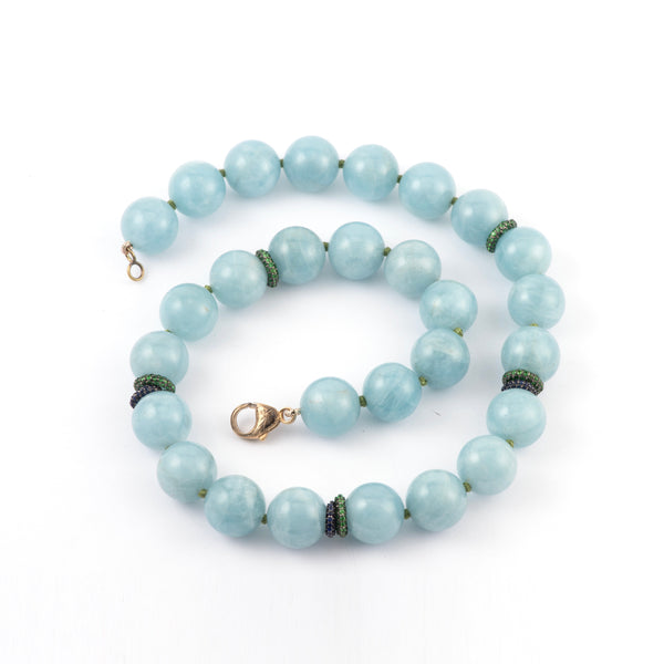 18k yellow gold aquamarine beaded necklace with tsavorite and sapphire pave rondelle beads by Sylva & Cie Tiny Gods