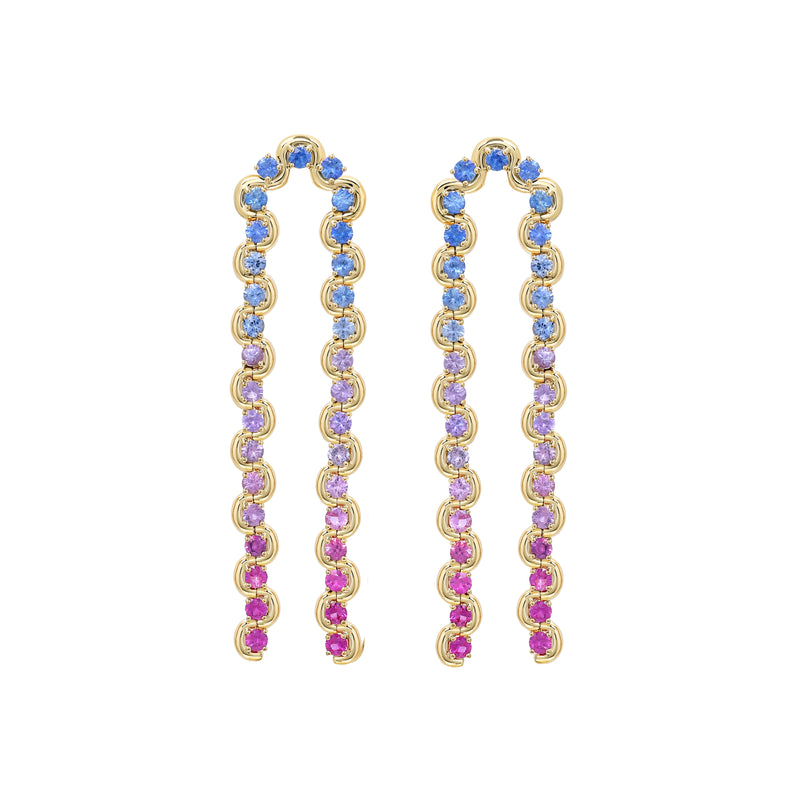 18k yellow gold arcane Edessa arc earrings with pink ombre to blue sapphires by State Property Tiny Gods