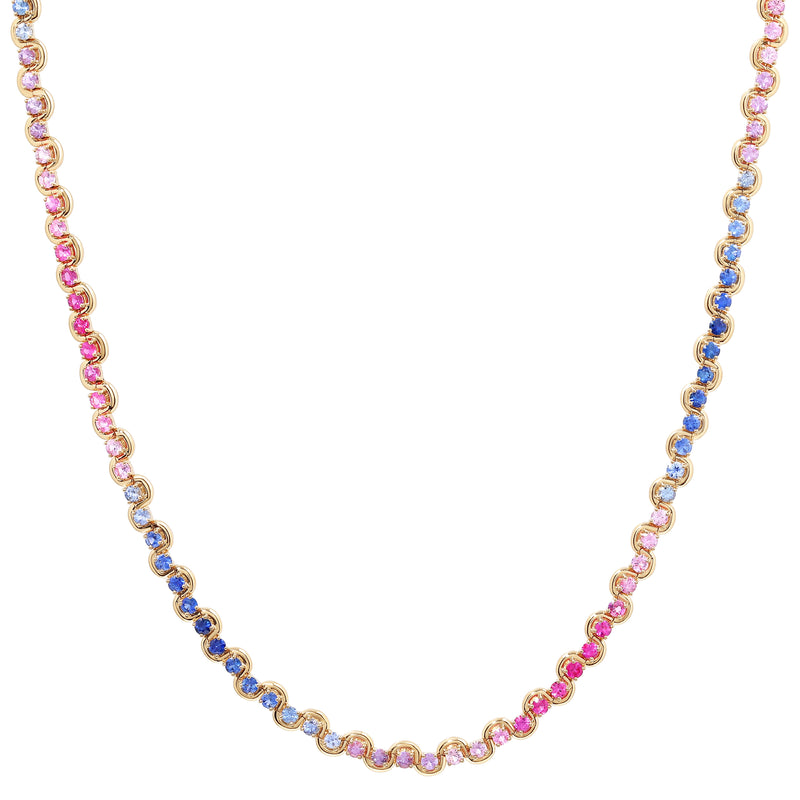 18k yellow gold Arcane Edessa pink, purple and blue ombre tennis necklace by State Property Tiny Gods