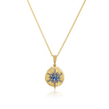 22k yellow gold and silver small diamond starburst locket pendant with hand engraving and chain with blue sapphire necklace by Arman Sarkisyan Tiny Gods