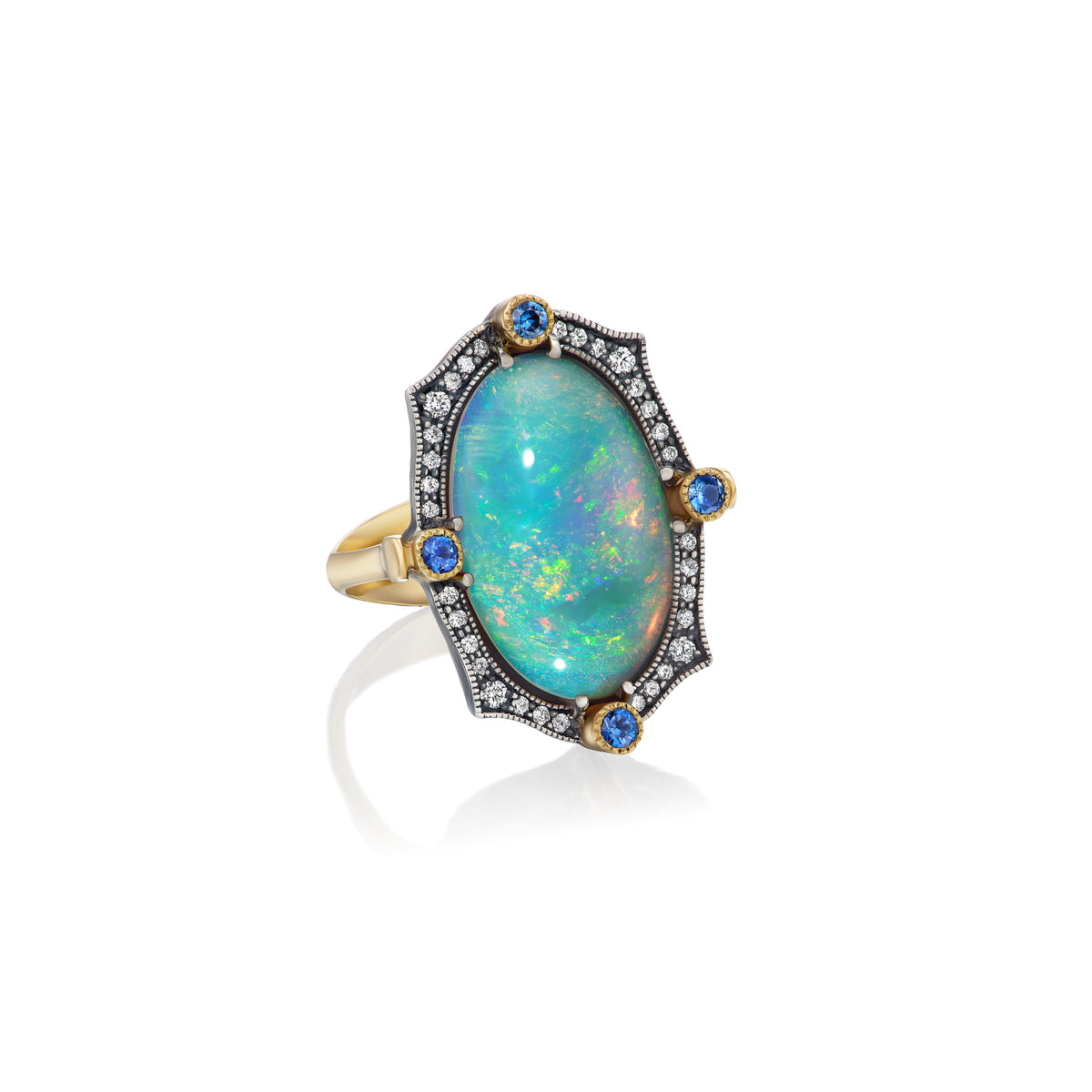 18k yellow gold and oxidized sterling silver diamond and blie sapphire bezel oval opal statement ring by Arman Sarkisyan Tiny Gods 