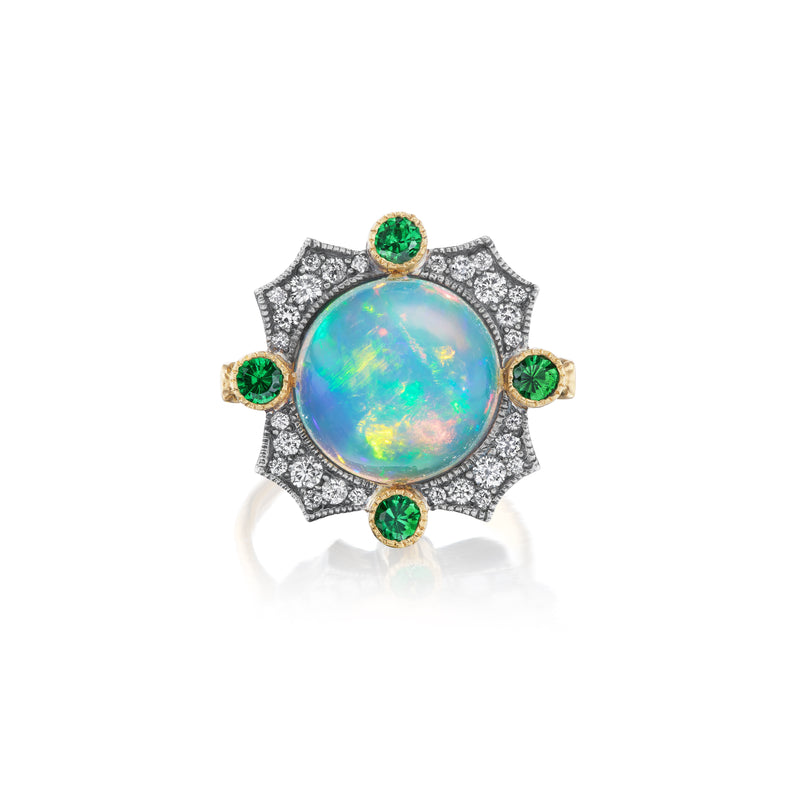 22k yellow gold and silver tsavorite, diamond and Ethiopian opal statement ring by Arman Sarkisyan Tiny Gods