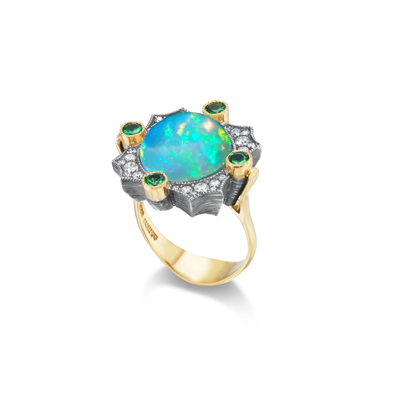 22k yellow gold and silver tsavorite, diamond and Ethiopian opal statement ring by Arman Sarkisyan Tiny Gods