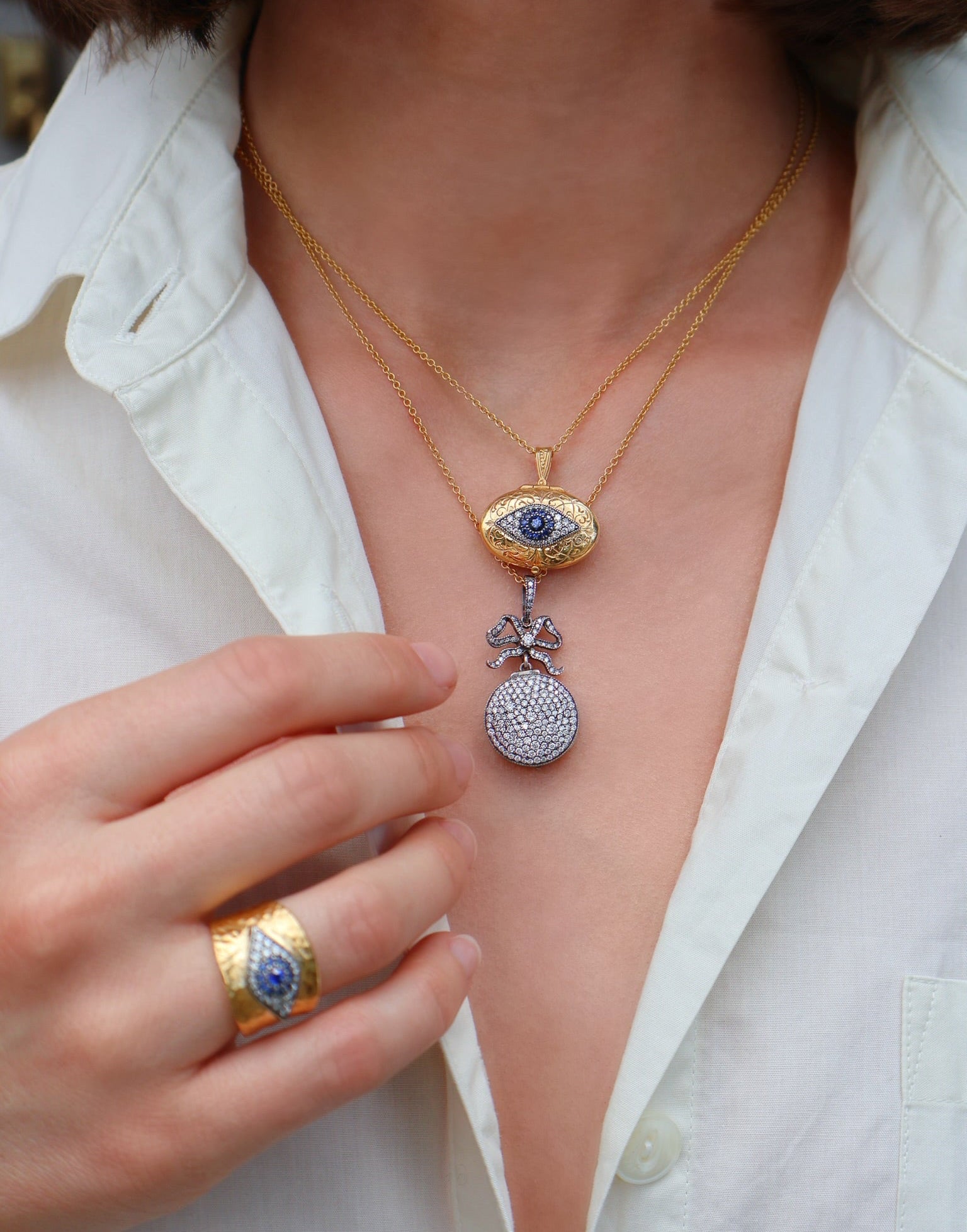 arman Sarkisyan yelow gold diamond blue sapphire evil eye locket pendant necklace tiny gods