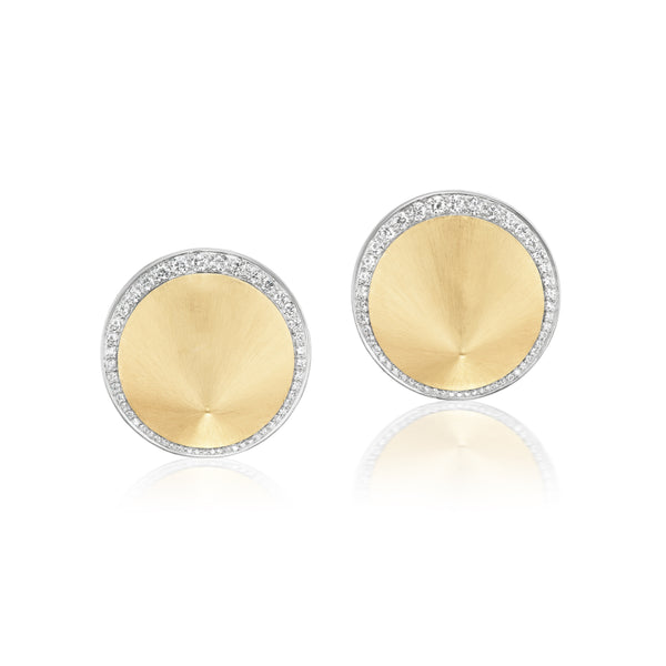 18k Brushed Gold & Diamond Tacoma Museum of Glass Earrings by Arunashi round with diamond border at Tiny Gods