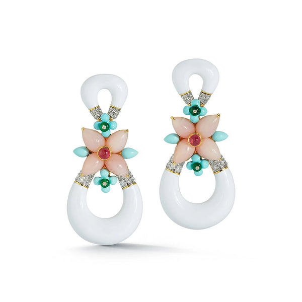 18k yellow gold and platinum Asheville earrings with pink opal, diamonds, ruby, carved turquoise and diamonds by David Webb White enamel Tiny Gods