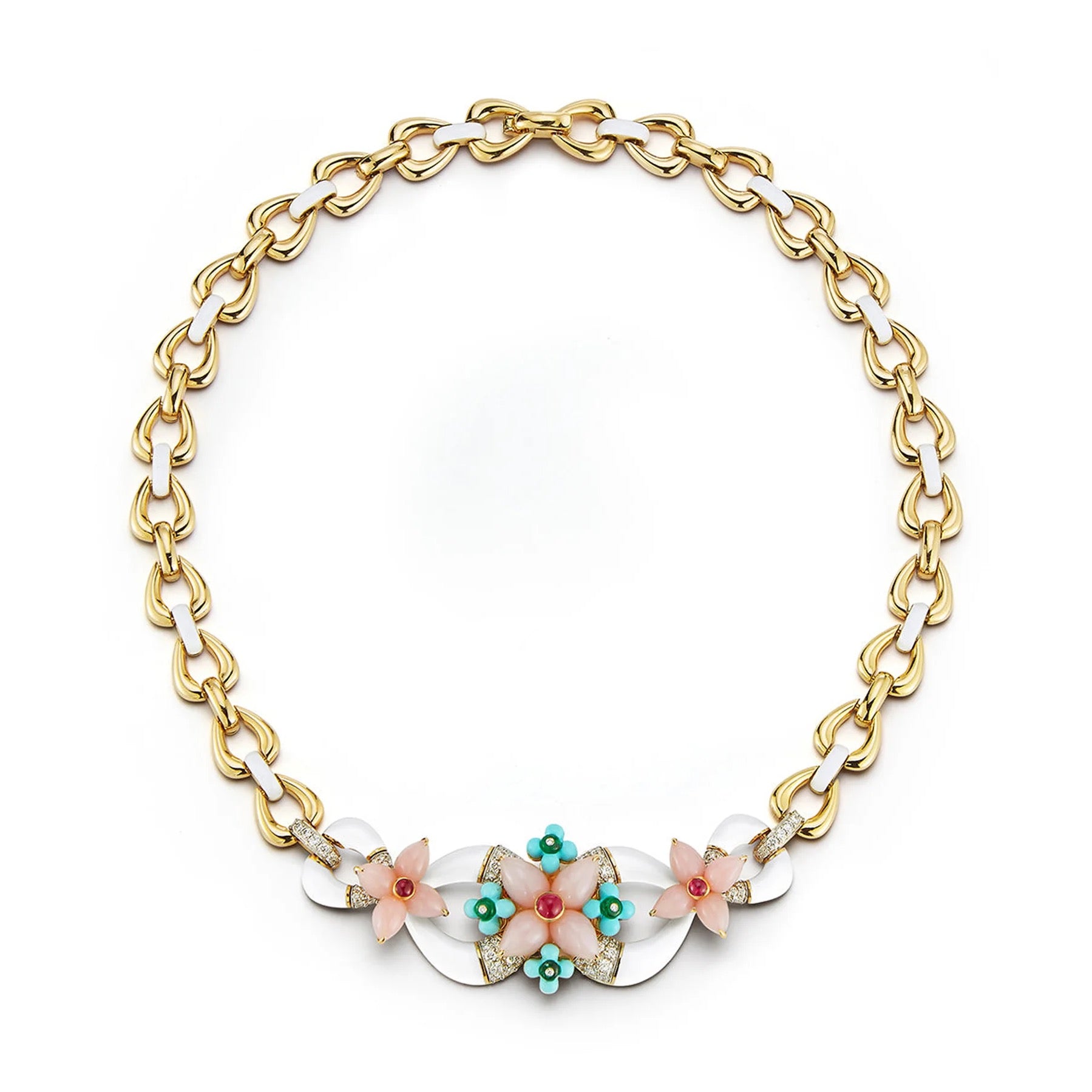 18k yellow gold and platinum Asheville necklace with white enamel, pink opal, rubies, carved turquoise and diamonds by David Webb Tiny Gods