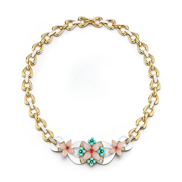 18k yellow gold and platinum Asheville necklace with white enamel, pink opal, rubies, carved turquoise and diamonds by David Webb Tiny Gods