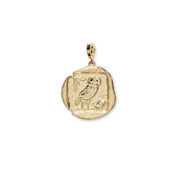 azlee yellow gold owl charm pendant coin tiny gods 