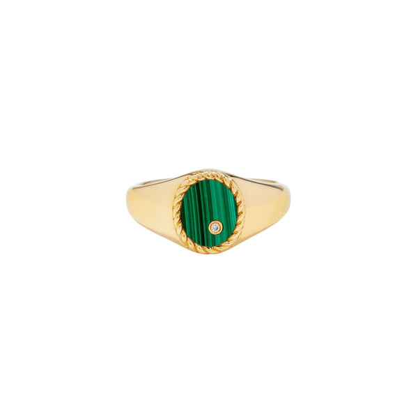 9k yellow gold oval malachite diamond signet pinky ring by Yvonne Leon Tiny Gods