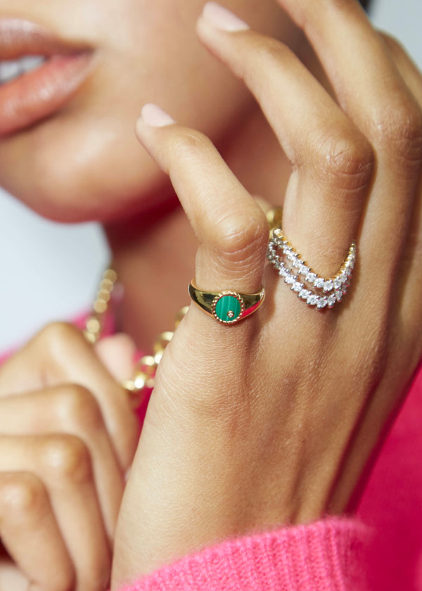 9k yellow gold oval green malachite diamond signet pinky ring by Yvonne Leon Tiny Gods