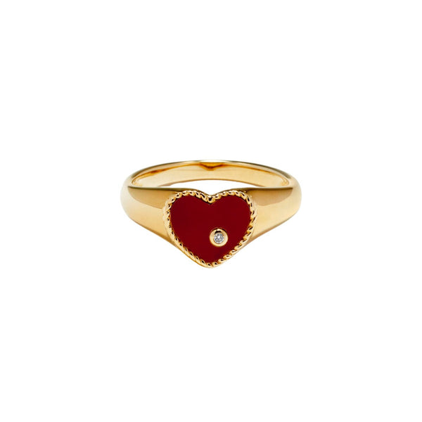 9k yellow gold baby chevalier red agate and diamond heart pinky signet ring by Yvonne Léon Tiny Gods