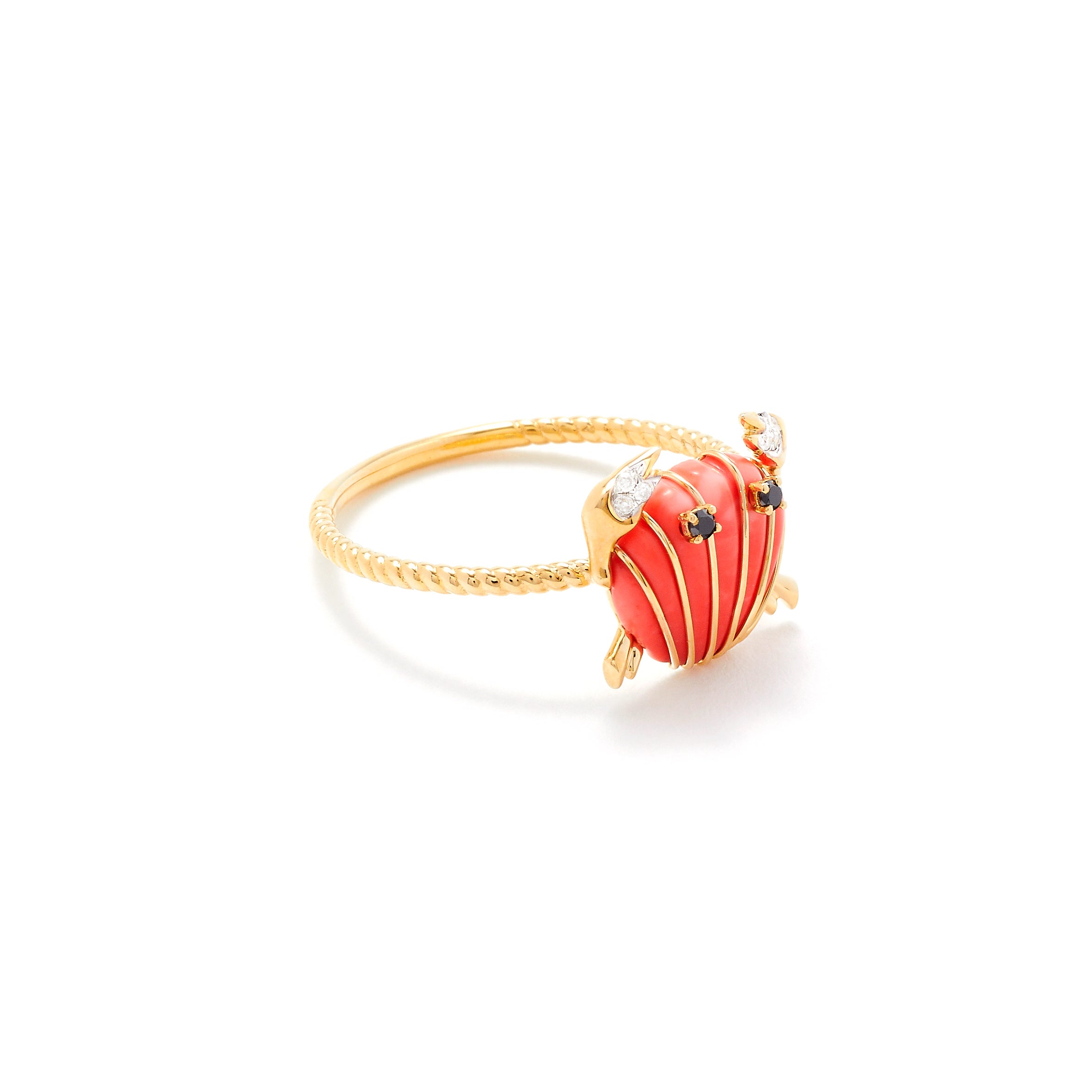 9k yellow gold coral inlay bag mini crab ring by Yvonne Leon Tiny Gods