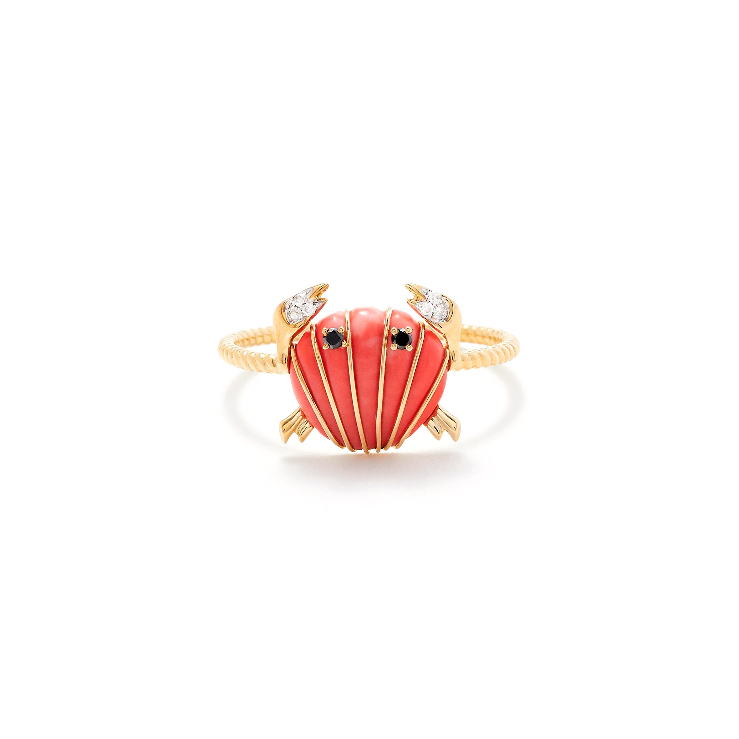 9k yellow gold coral inlay bag mini crab ring by Yvonne Leon Tiny Gods 
