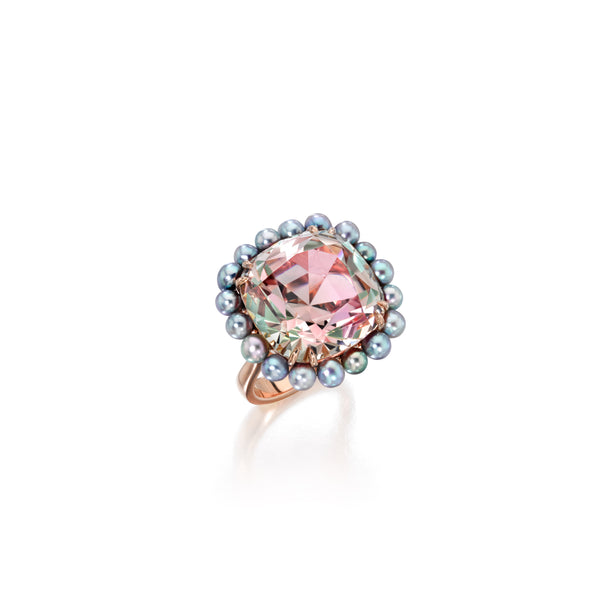 18k rose gold multi colored pastel akoya cultured pearl and bi colored tourmaline ring by Assael Tiny Gods