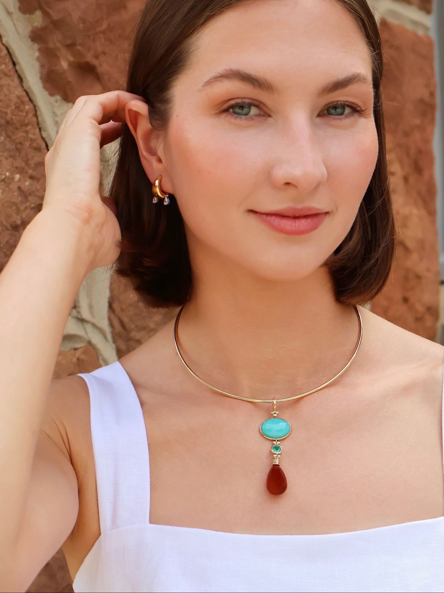 18K yellow gold Porto Pendant with Amazonite, Emerald & Carnelian by Beck at Tiny Gods