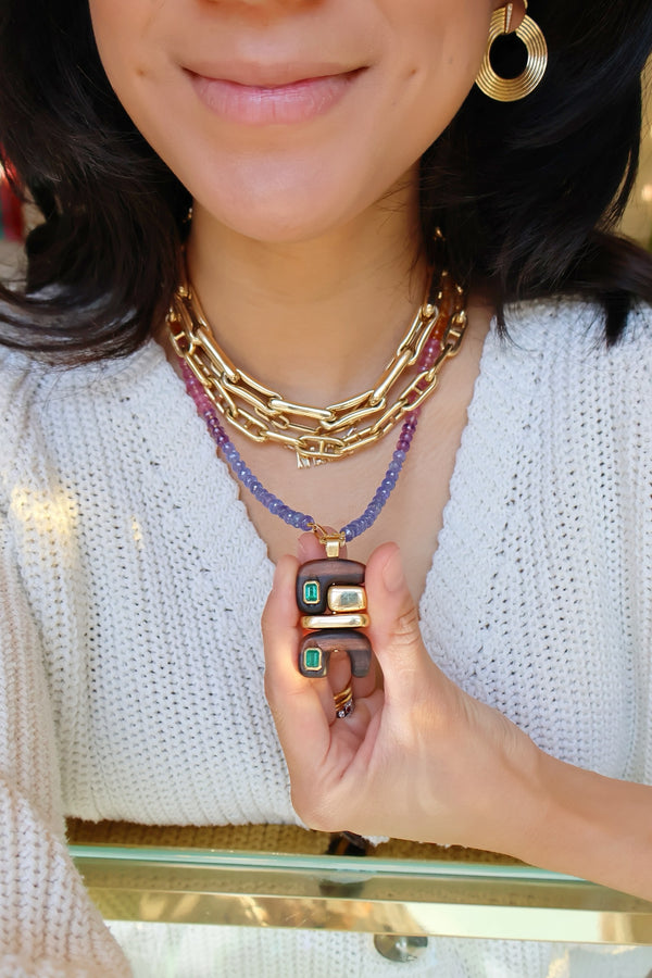 18k yellow gold ebony wood earth totem pendant with emeralds by Joelle Kharrat Tiny Gods