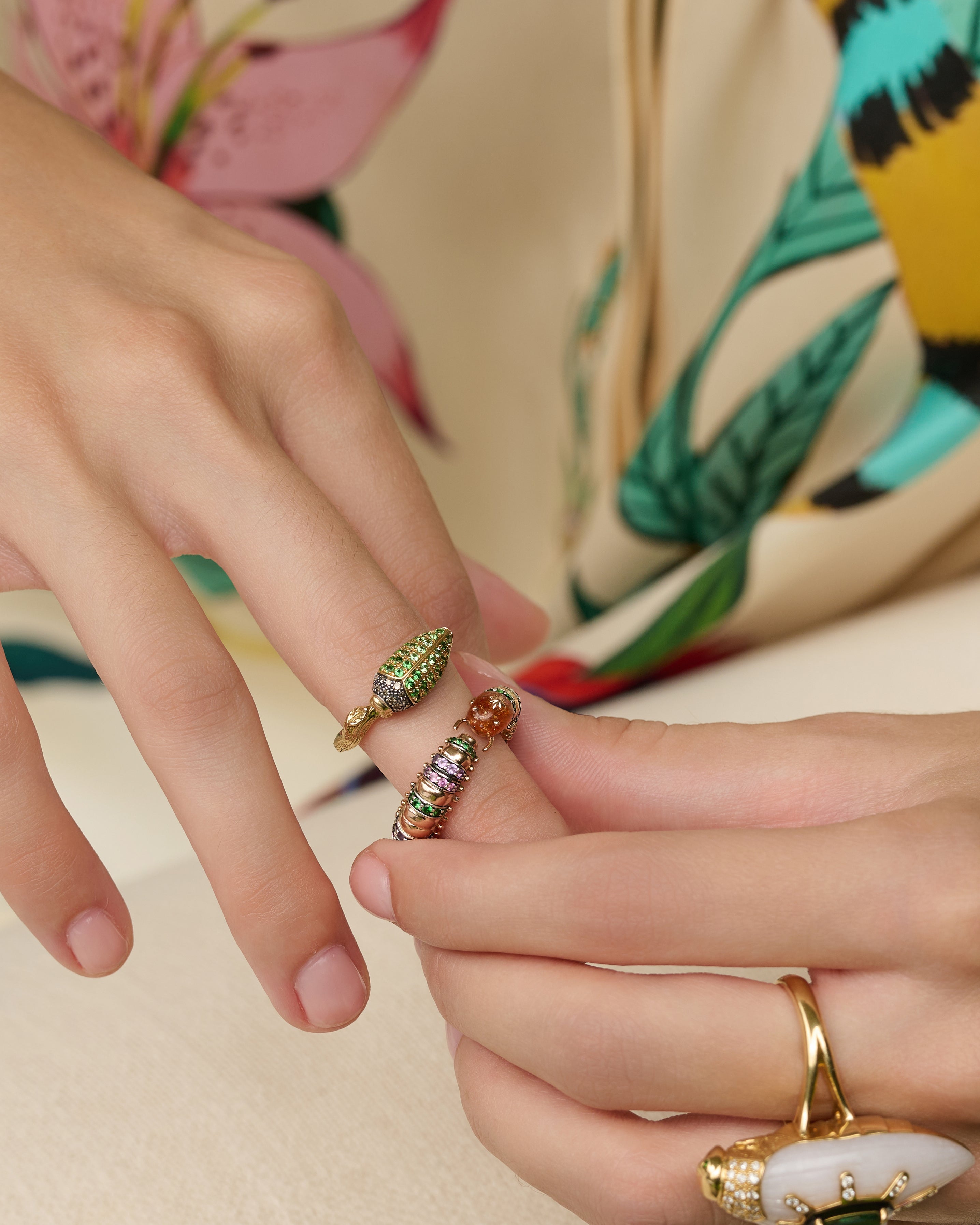 18k rose gold and silver full eternity millipede caterpillar ring with sapphires by Bibi van der Velden Tiny Gods on model