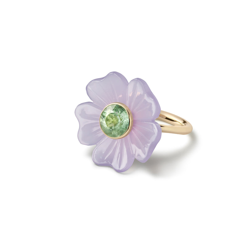 14k yellow gold big Yttrium floruit and green tourmaline signature carved flower ring by Sophie Joanne Tiny Gods