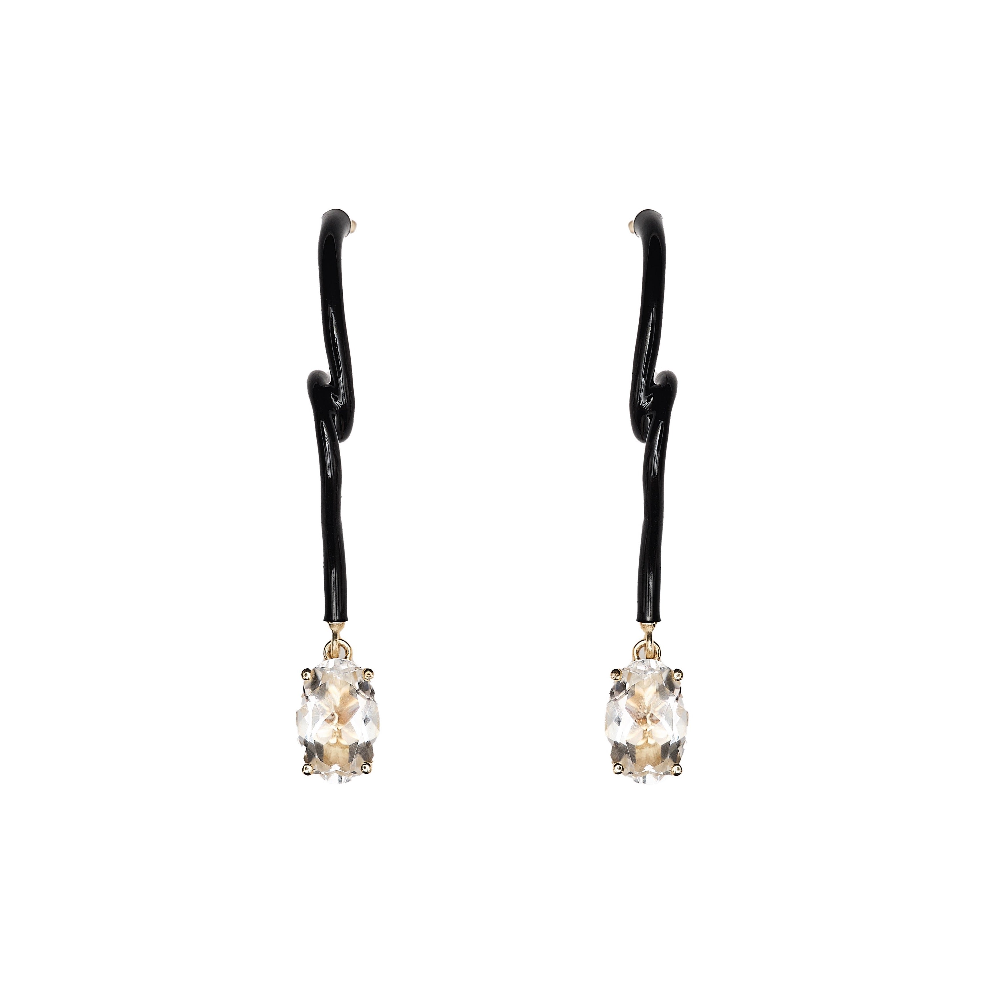Black enamel vine earrings with rock crystal by Bea Bongiasca Tiny Gods