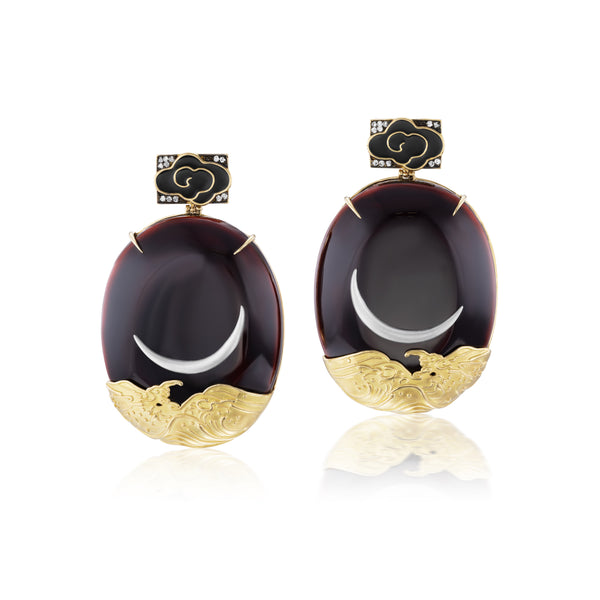 18k yellow gold black lacquer east west crescent moon wave earrings by Silvia Furmanovich Tiny Gods