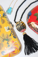 18k yellow gold onyx Tibetan miniature painting beaded tassel long necklace by Silvia Furmanovich Tiny Gods