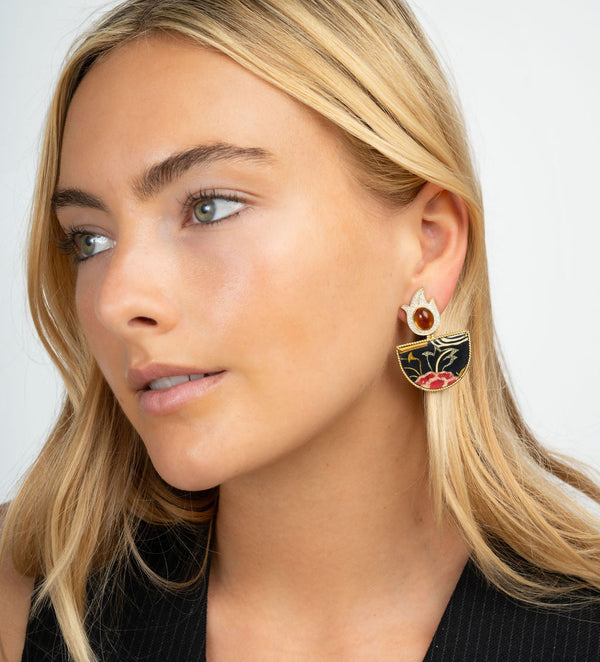 18k yellow gold black and red Tibetan rose marquetry earrings with citrine and diamond flame detail by Silvia Furmanovich Tiny Gods