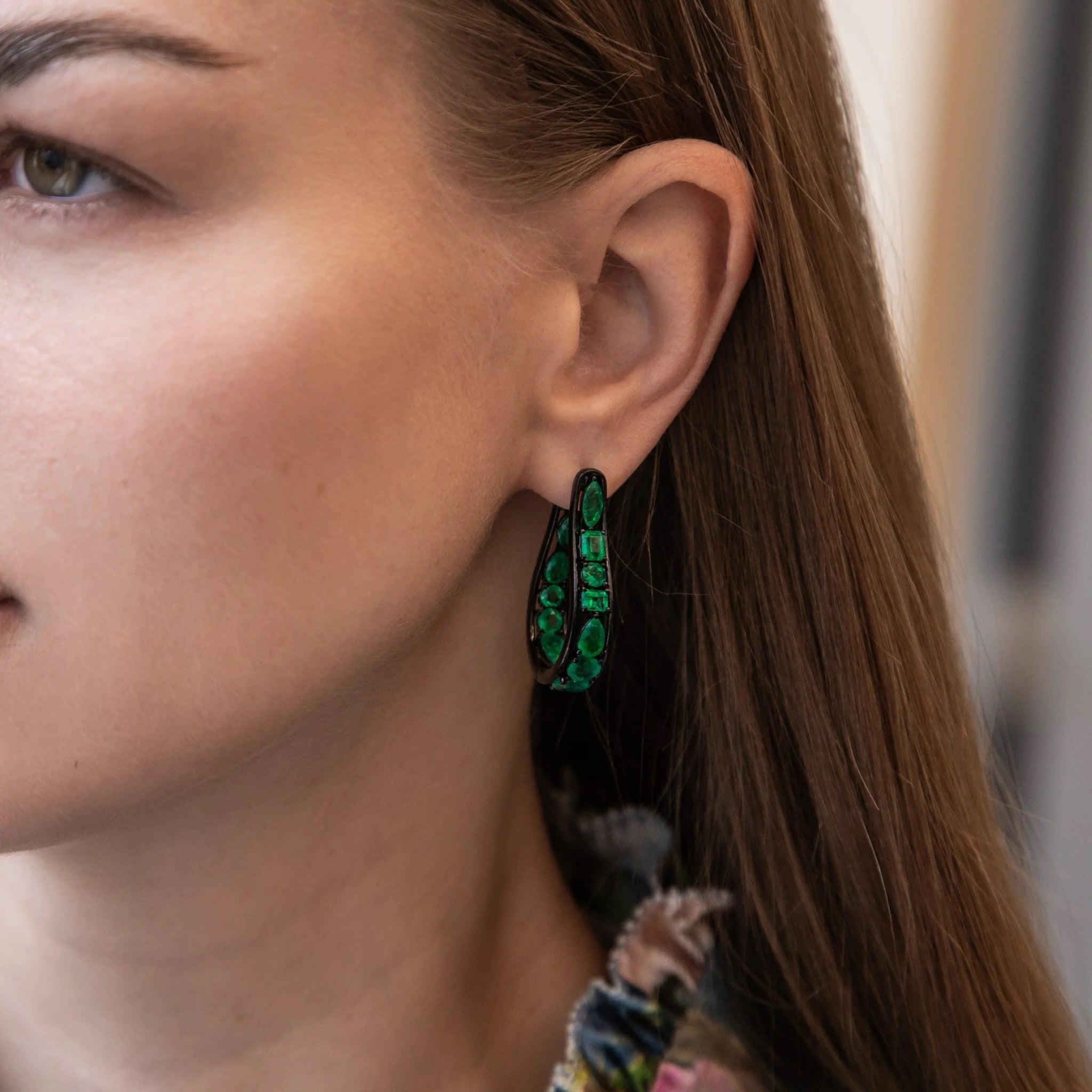 18k black rhodium colombian emerald poplar hoop earrings by Tiny Gods