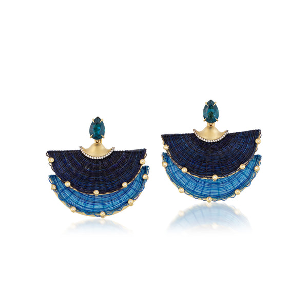 18k yellow gold diamond and London blue topaz double fan horse mane statement earrings by Silvia Furmanovich Tiny Gods